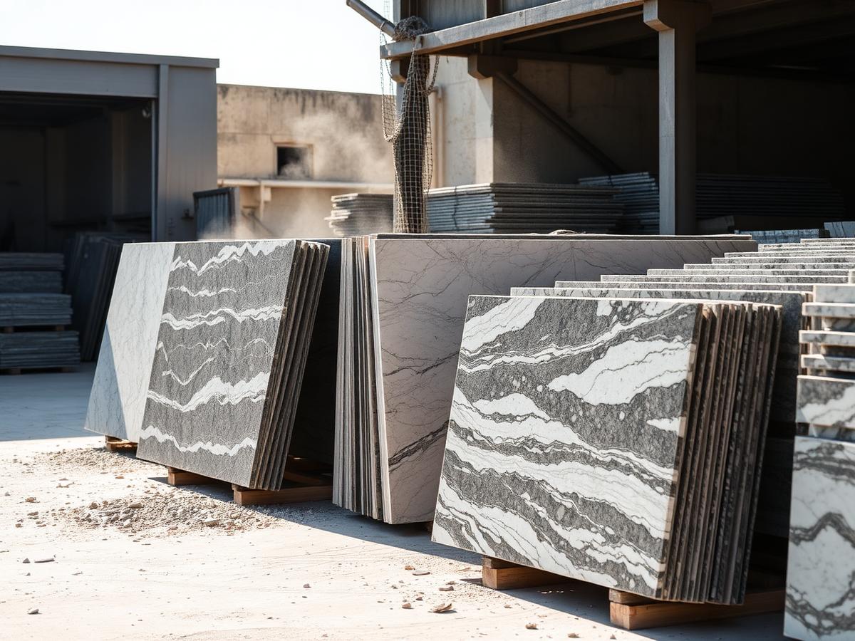 Granite slabs stacked at a stone yard