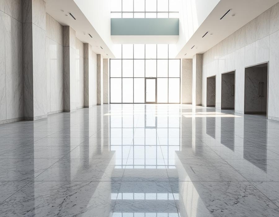 Polished granite floor in a large interior