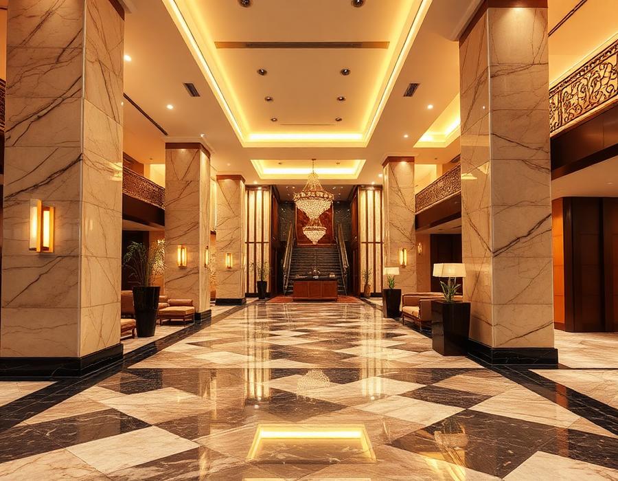 Hotel lobby with granite floors and columns