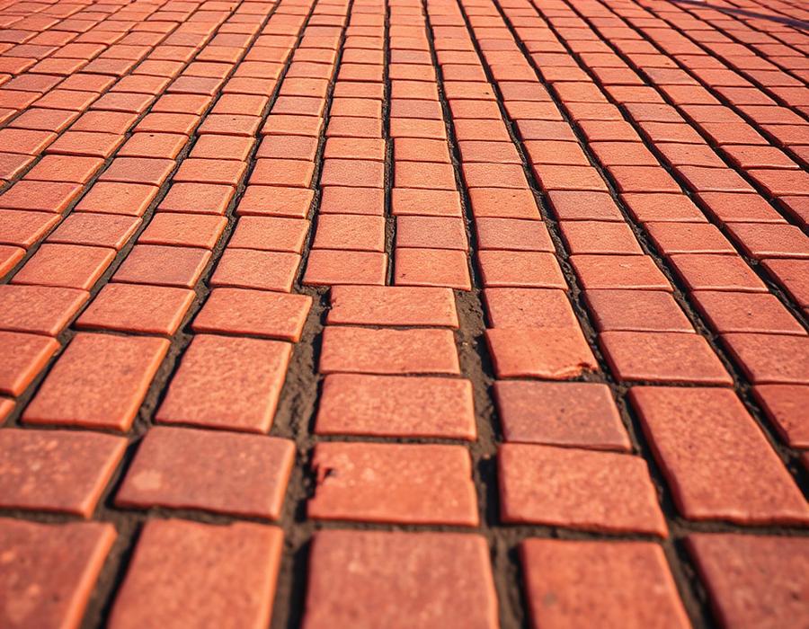 Red granite cobblestones laid in a driveway pattern