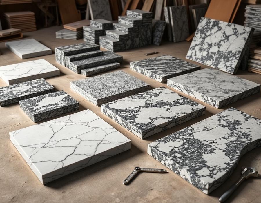 Custom cut granite pieces in a workshop