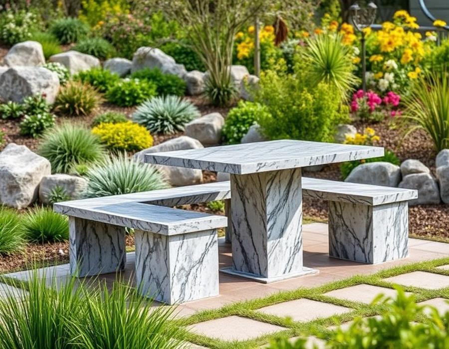 Granite bench and table in a garden