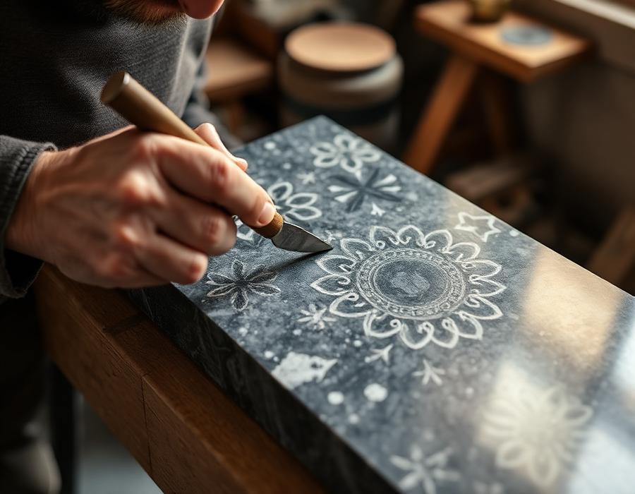 Granite lettering being engraved by a craftsman
