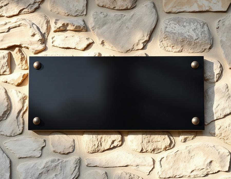 Engraved granite name board on a stone wall