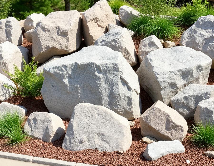 Natural granite boulders in a landscaped garden