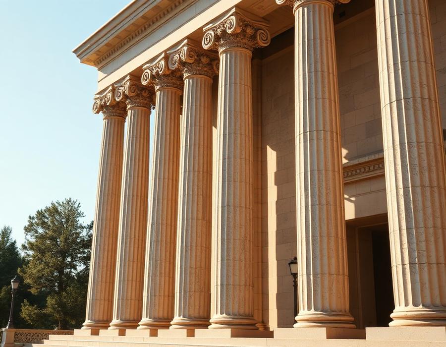 Carved granite pillars at an entrance