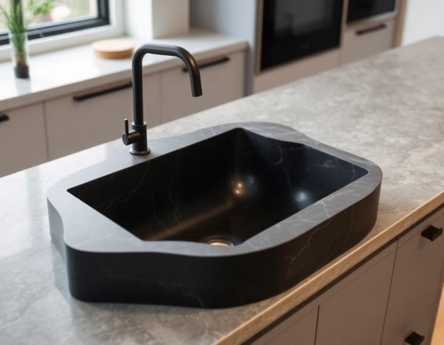 Solid granite sink set into a countertop