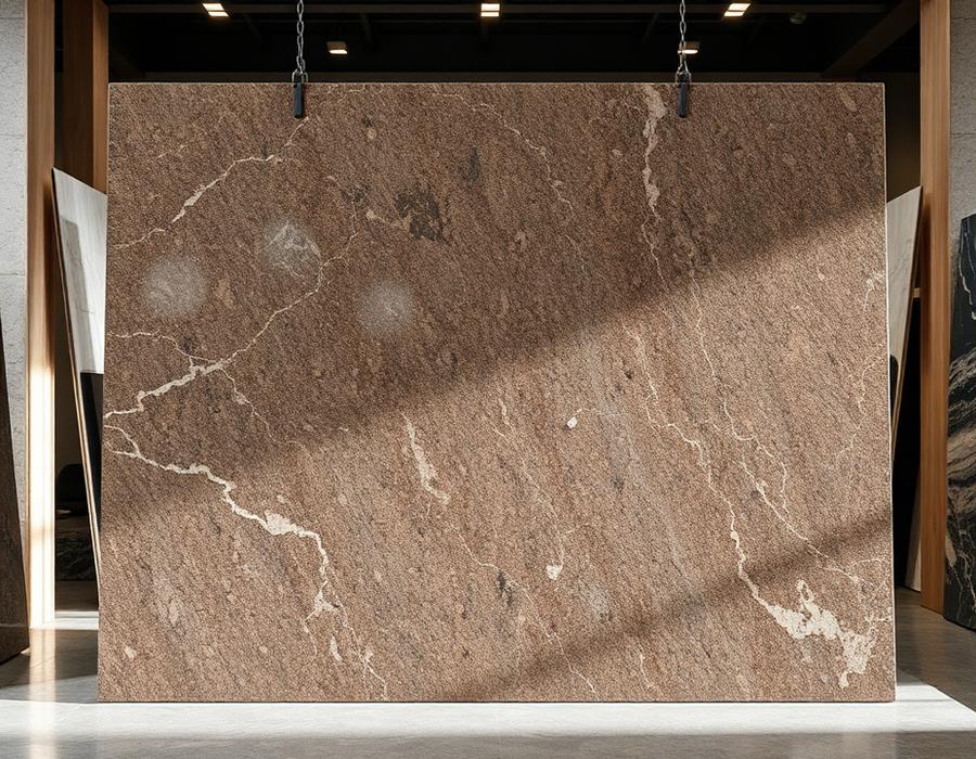 Polished brown-grey Jubrana granite slab in a stone showroom